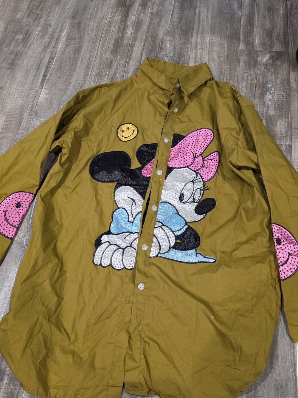 Olive Green Button-Down Shirt with Cartoon Appliqué